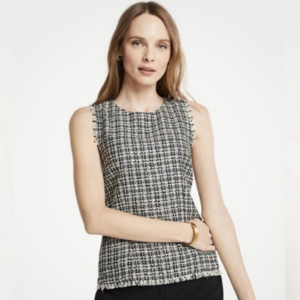 Ann Taylor Tweed Fringe Black and White Sleeveless Top